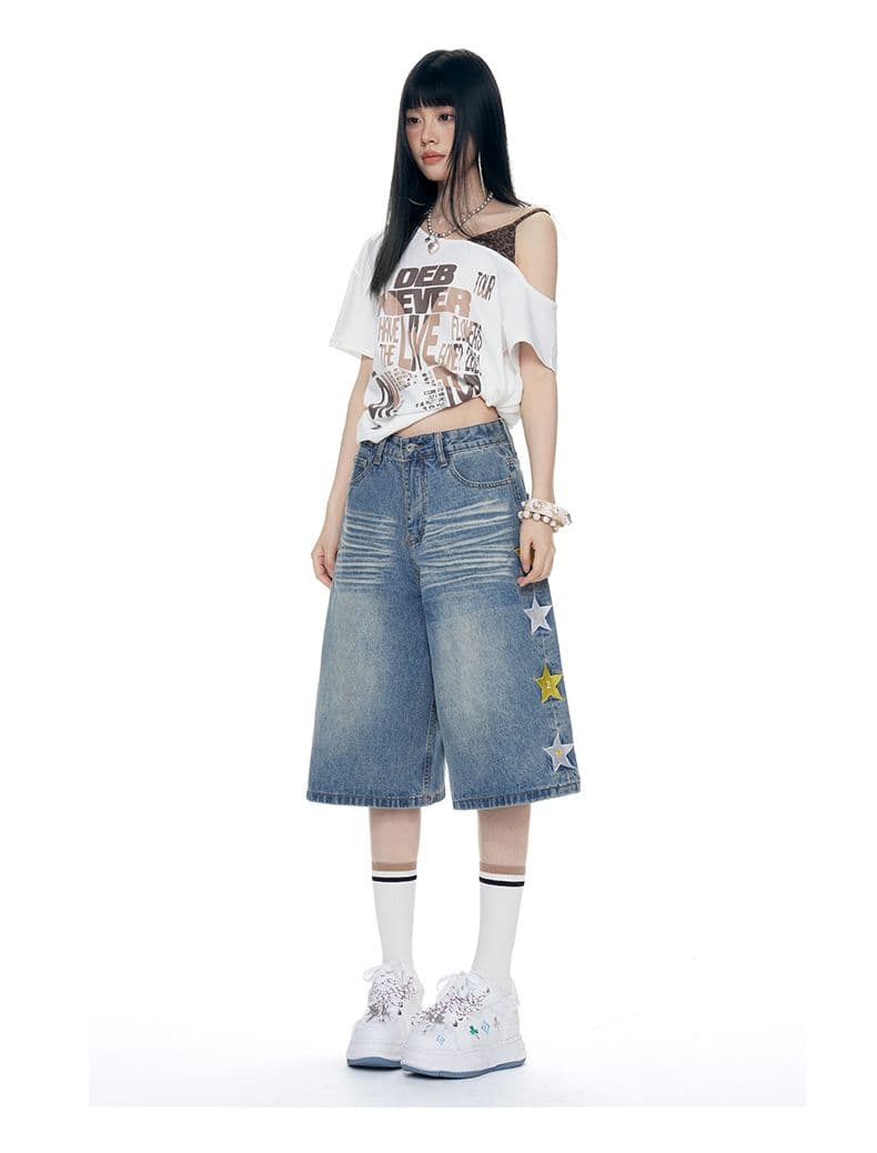 아메리칸 별 자수 워싱 데님 7부 바지 2026 년 새로운 여름 슬림해 보이는 넓은 다리 캐주얼 바지 상세 이미지 14