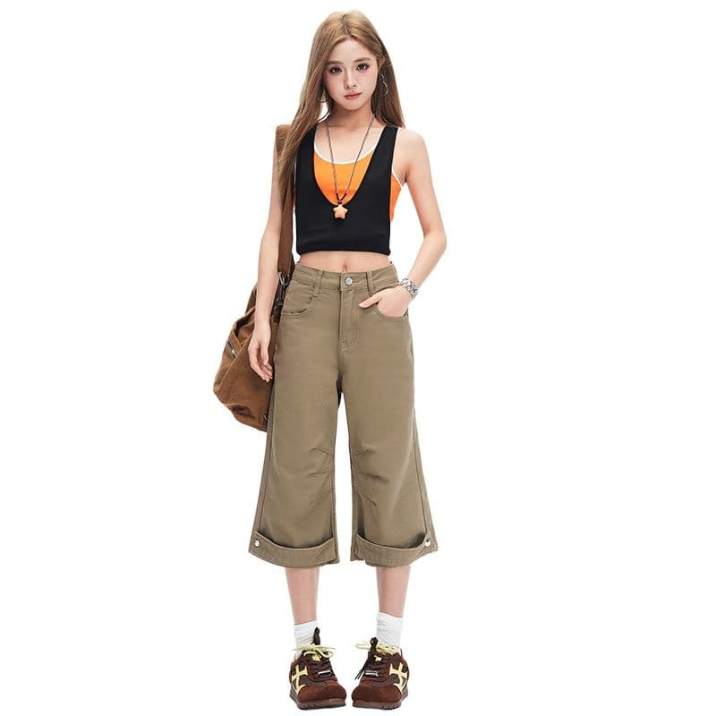 여름 아메리칸 레트로 주름 카키 색 모통이 칼 데님 7부 바지 여성 루즈핏 캐주얼 악당 잘 생긴 중 바지 이미지 5