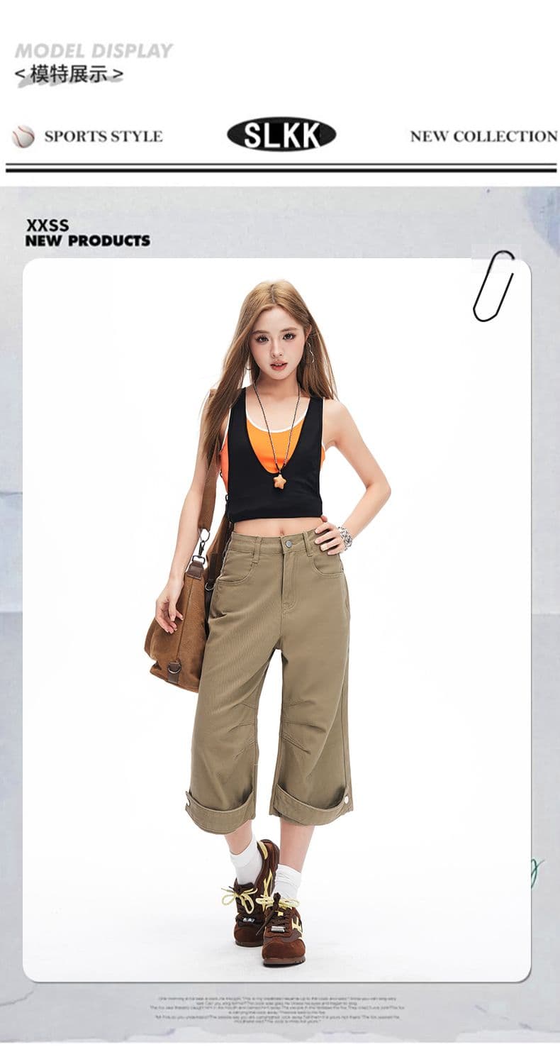 여름 아메리칸 레트로 주름 카키 색 모통이 칼 데님 7부 바지 여성 루즈핏 캐주얼 악당 잘 생긴 중 바지 상세 이미지 15