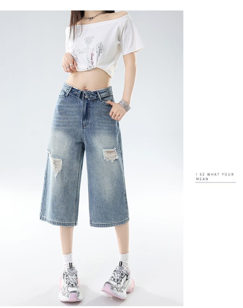 로우 웨이스트 여름 레트로 항구 바람 2026 새로운 루즈핏 와이드 레그 팬츠 찢어진 부분 밝은색 디자인 센스 7 점 청바지 여성 상세 이미지 5