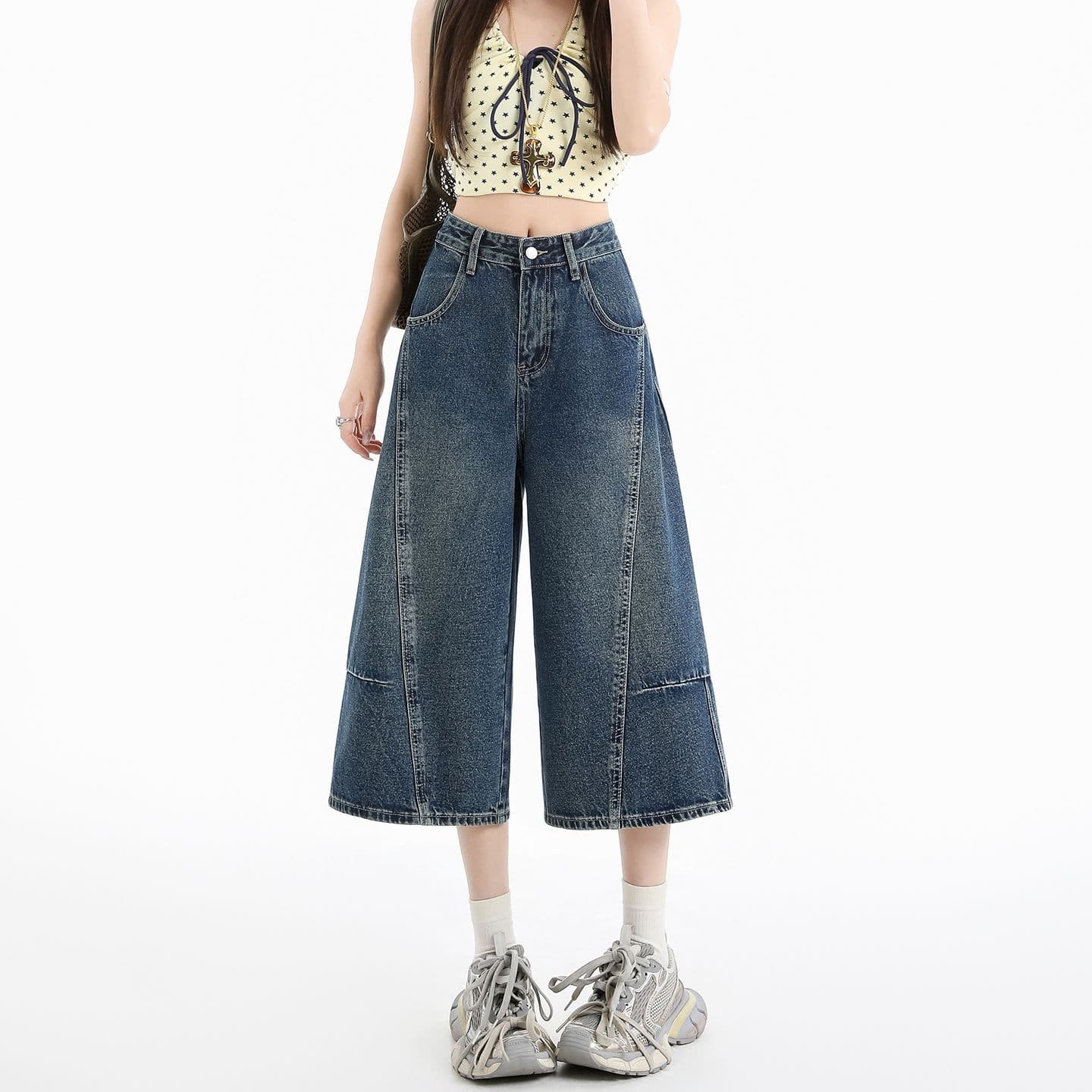아메리칸 패치워크 7 점 청바지 여성 여름 개성 디자인 루즈핏 넓은 다리 높음 거리 작은 키 스트레이트 바지 여성