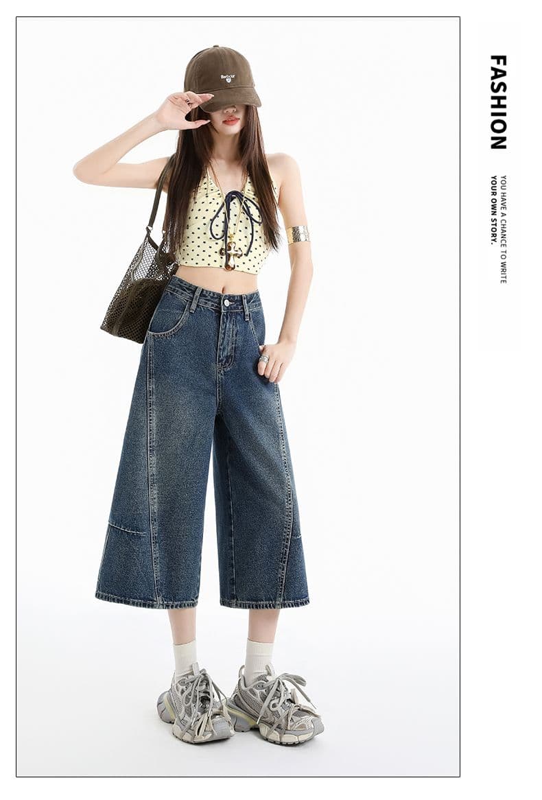 아메리칸 패치워크 7 점 청바지 여성 여름 개성 디자인 루즈핏 넓은 다리 높음 거리 작은 키 스트레이트 바지 여성 상세 이미지 4