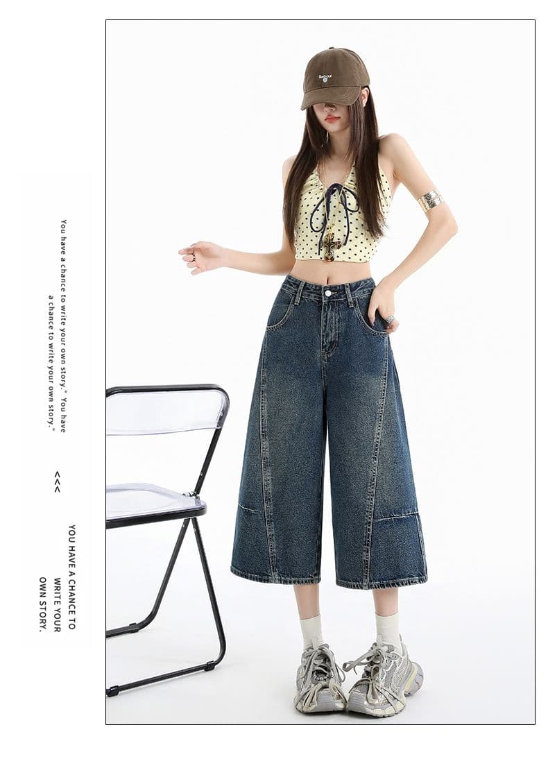 아메리칸 패치워크 7 점 청바지 여성 여름 개성 디자인 루즈핏 넓은 다리 높음 거리 작은 키 스트레이트 바지 여성 상세 이미지 6