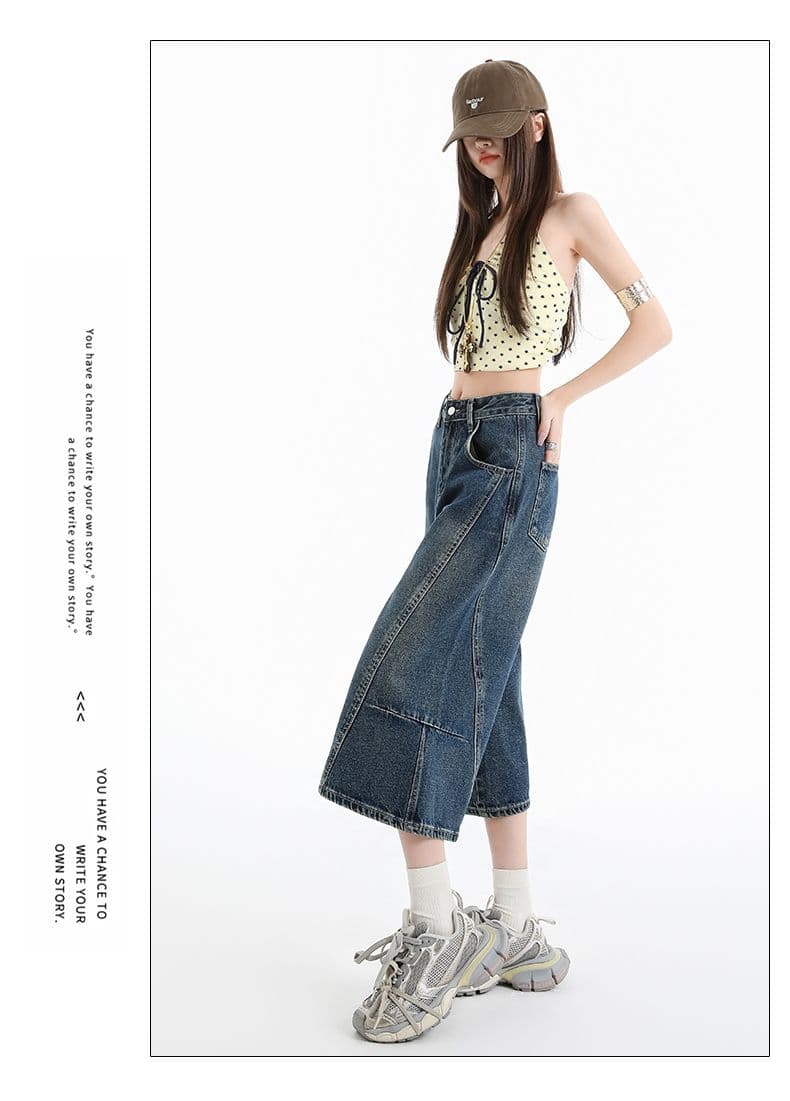 아메리칸 패치워크 7 점 청바지 여성 여름 개성 디자인 루즈핏 넓은 다리 높음 거리 작은 키 스트레이트 바지 여성 상세 이미지 10