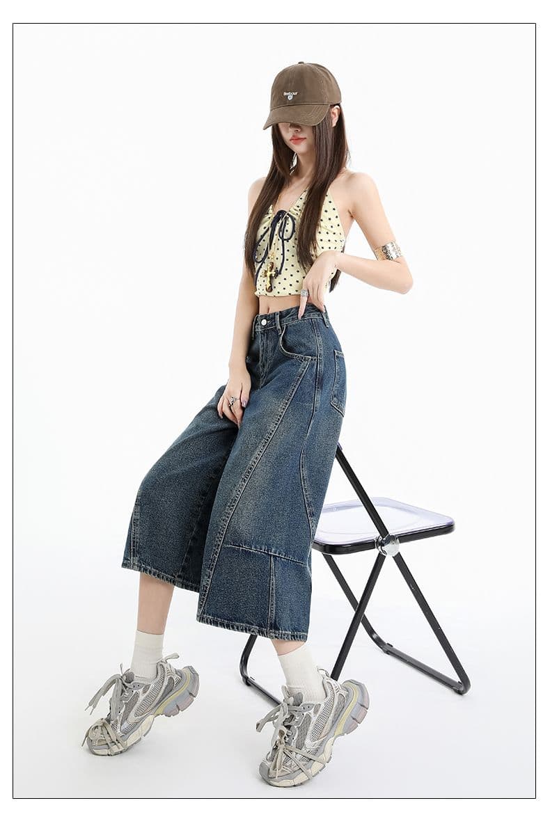아메리칸 패치워크 7 점 청바지 여성 여름 개성 디자인 루즈핏 넓은 다리 높음 거리 작은 키 스트레이트 바지 여성 상세 이미지 12