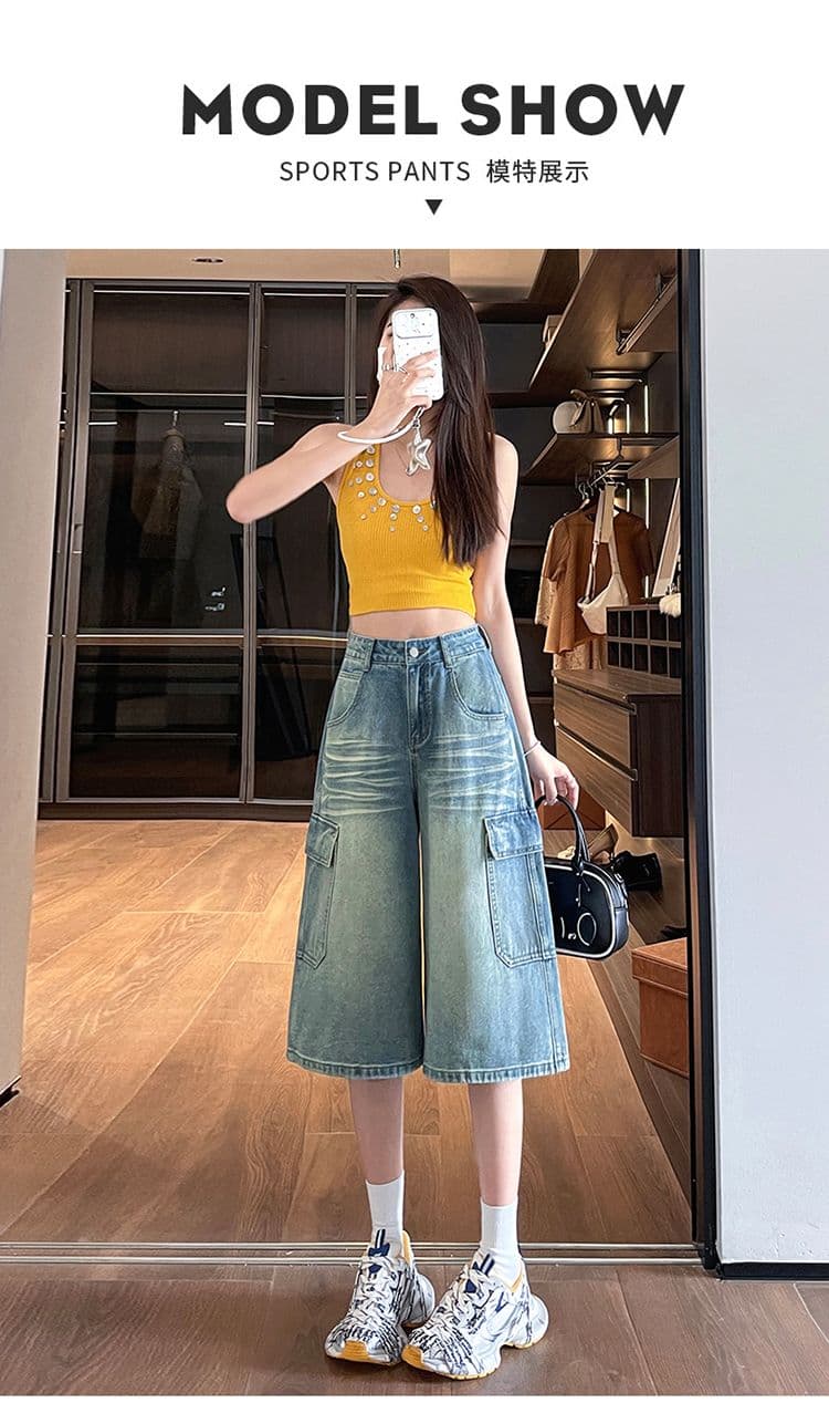 아메리칸 워크웨어 데님 7 점 와이드 레깅스 바지 여름 레트로 마 오래된 하이웨이스트 루즈핏 슬림해 보이는 기타 주머니 바지 상세 이미지 8