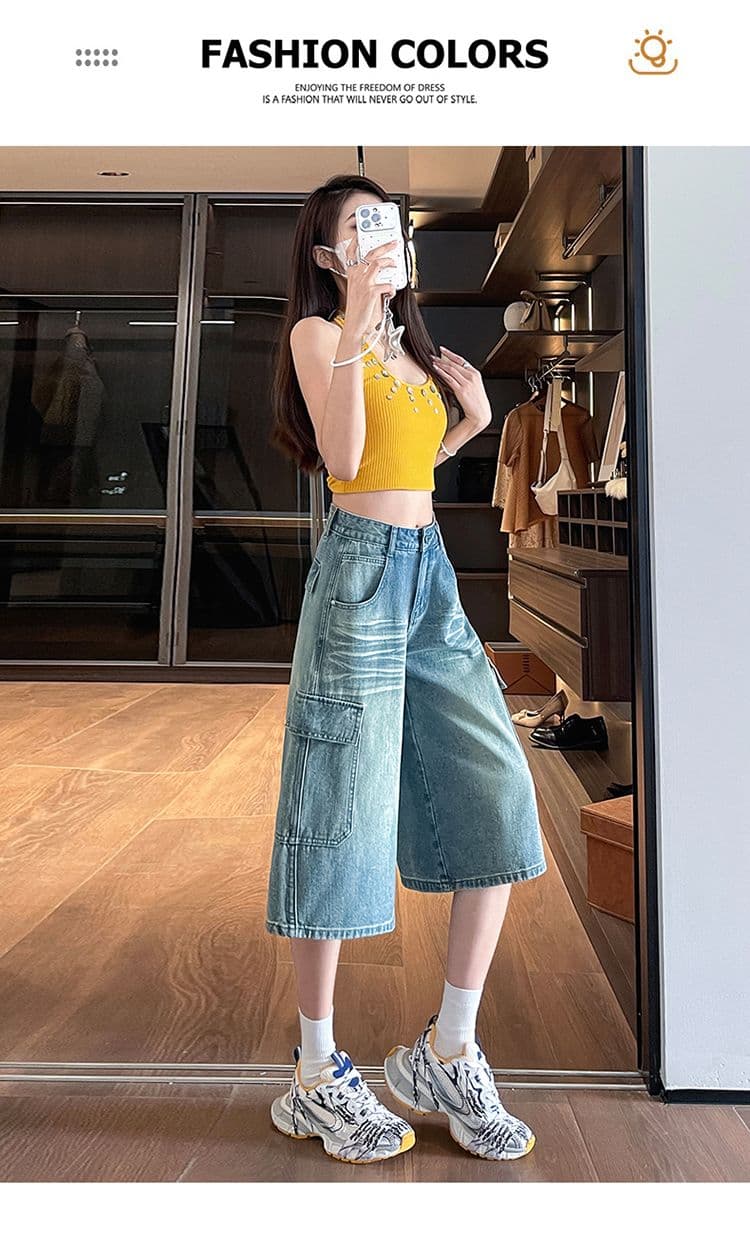 아메리칸 워크웨어 데님 7 점 와이드 레깅스 바지 여름 레트로 마 오래된 하이웨이스트 루즈핏 슬림해 보이는 기타 주머니 바지 상세 이미지 10