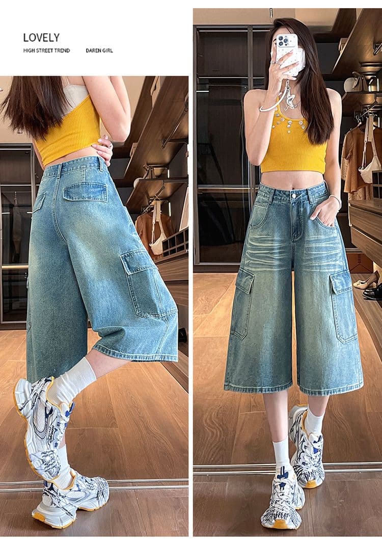 아메리칸 워크웨어 데님 7 점 와이드 레깅스 바지 여름 레트로 마 오래된 하이웨이스트 루즈핏 슬림해 보이는 기타 주머니 바지 상세 이미지 12