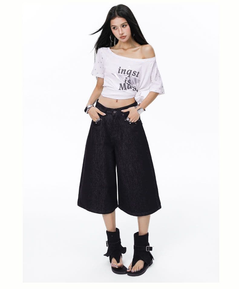 아메리칸 레트로 기타 징 디자인 넓은 다리 7부 바지 데님 다용도 바지 상세 이미지 3