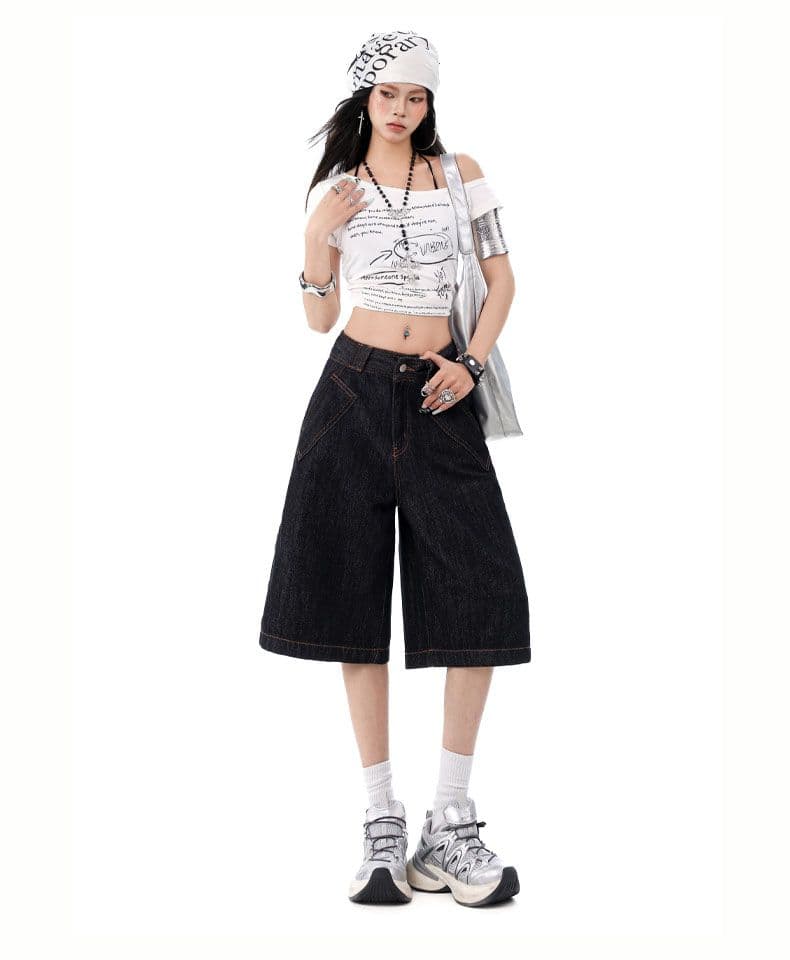 청바지 여성 워크웨어 7부 바지 넓은 다리 스트레이트 바지 레트로 배색 상세 이미지 1