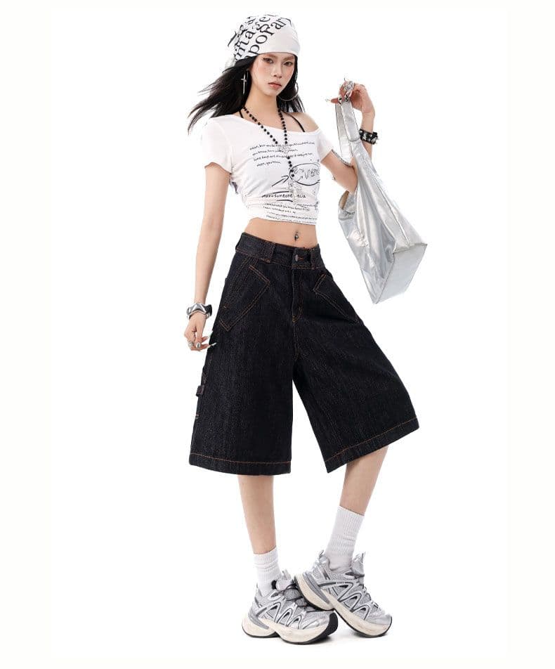 청바지 여성 워크웨어 7부 바지 넓은 다리 스트레이트 바지 레트로 배색 상세 이미지 2