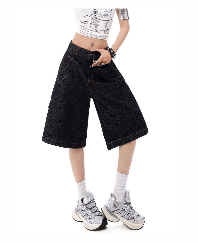 청바지 여성 워크웨어 7부 바지 넓은 다리 스트레이트 바지 레트로 배색 상세 이미지 6