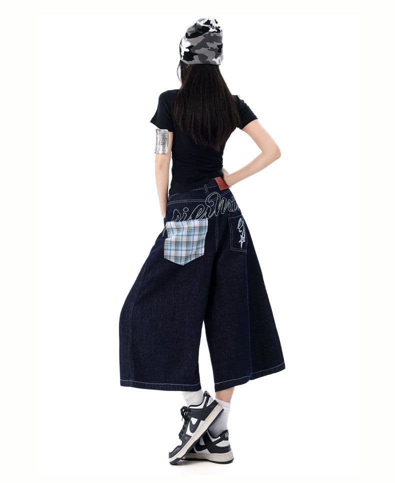 아메리칸 높음 거리 주머니 체크무늬 패치워크 자수 데님 바지 스트레이트 넓은 다리 모통이 칼 바지 상세 이미지 4