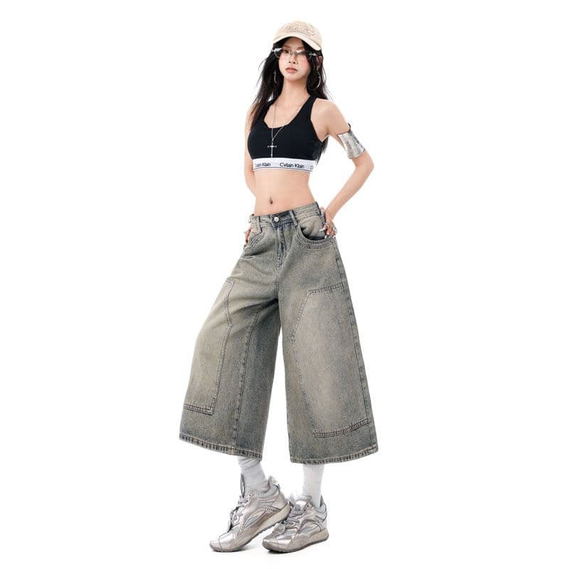 아메리칸 레트로 마 오래된 넓은 다리 7부 바지 데님 스트레이트 바지 이미지 4