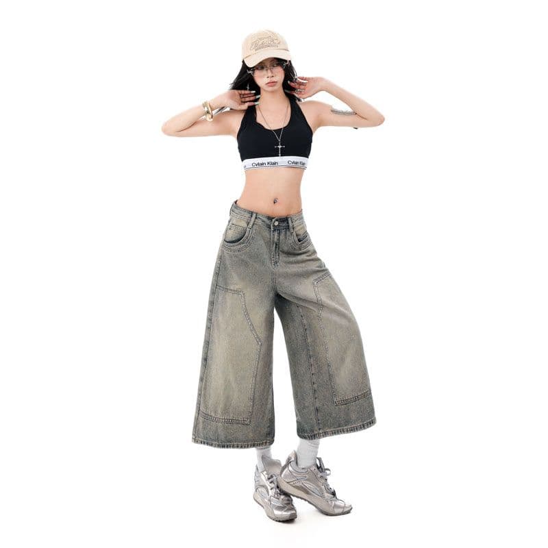 아메리칸 레트로 마 오래된 넓은 다리 7부 바지 데님 스트레이트 바지 이미지 5