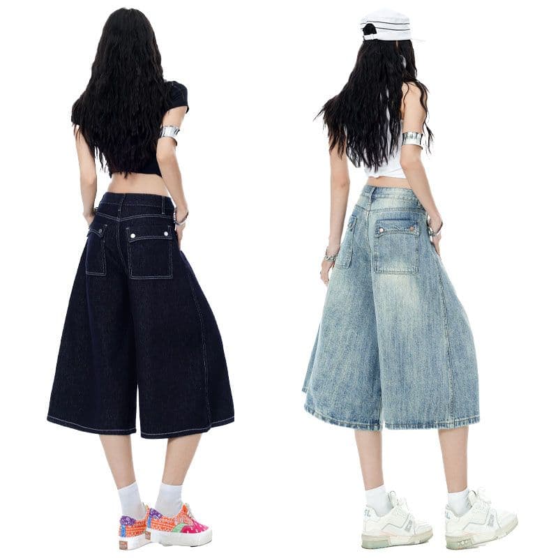 아메리칸 레트로 넓은 다리 청바지 7부 바지 스트레이트 모통이 칼 바지