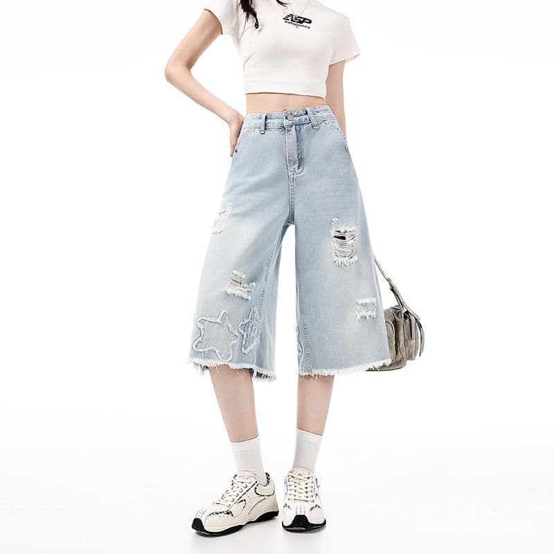 여름 새로운 레트로 노스탤지어 그라인딩 홀 거친 가장자리 트렌드 루즈핏 캐주얼 스트레이트 7 점 청바지 여성