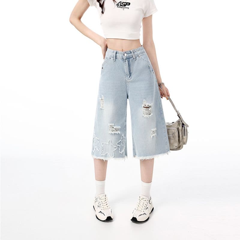 여름 새로운 레트로 노스탤지어 그라인딩 홀 거친 가장자리 트렌드 루즈핏 캐주얼 스트레이트 7 점 청바지 여성 이미지 4