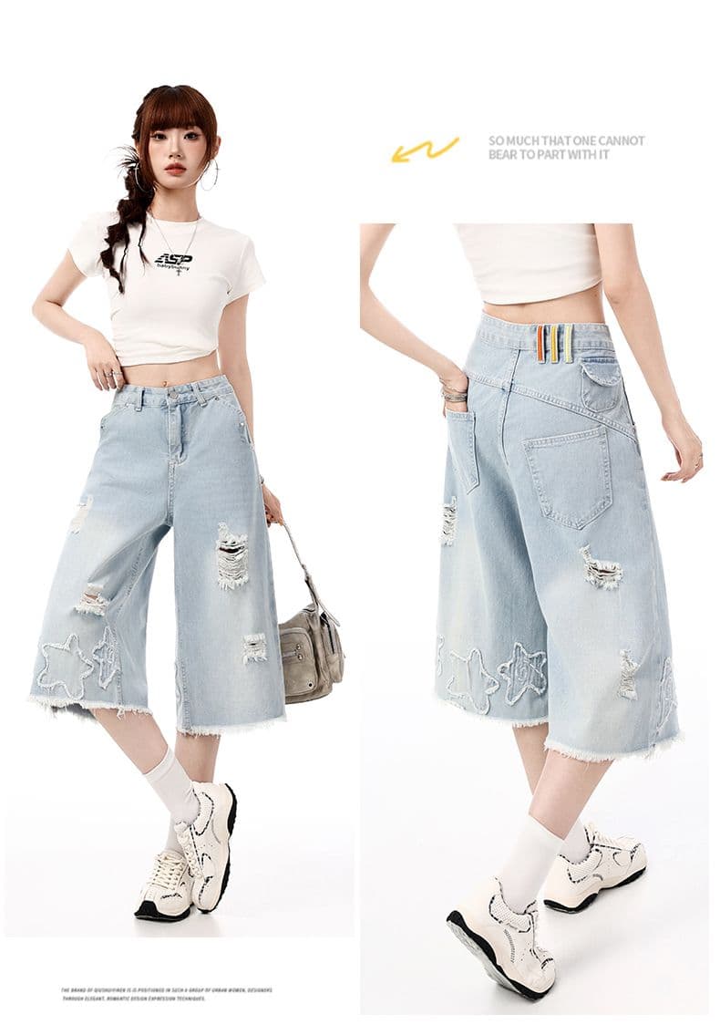 여름 새로운 레트로 노스탤지어 그라인딩 홀 거친 가장자리 트렌드 루즈핏 캐주얼 스트레이트 7 점 청바지 여성 상세 이미지 7