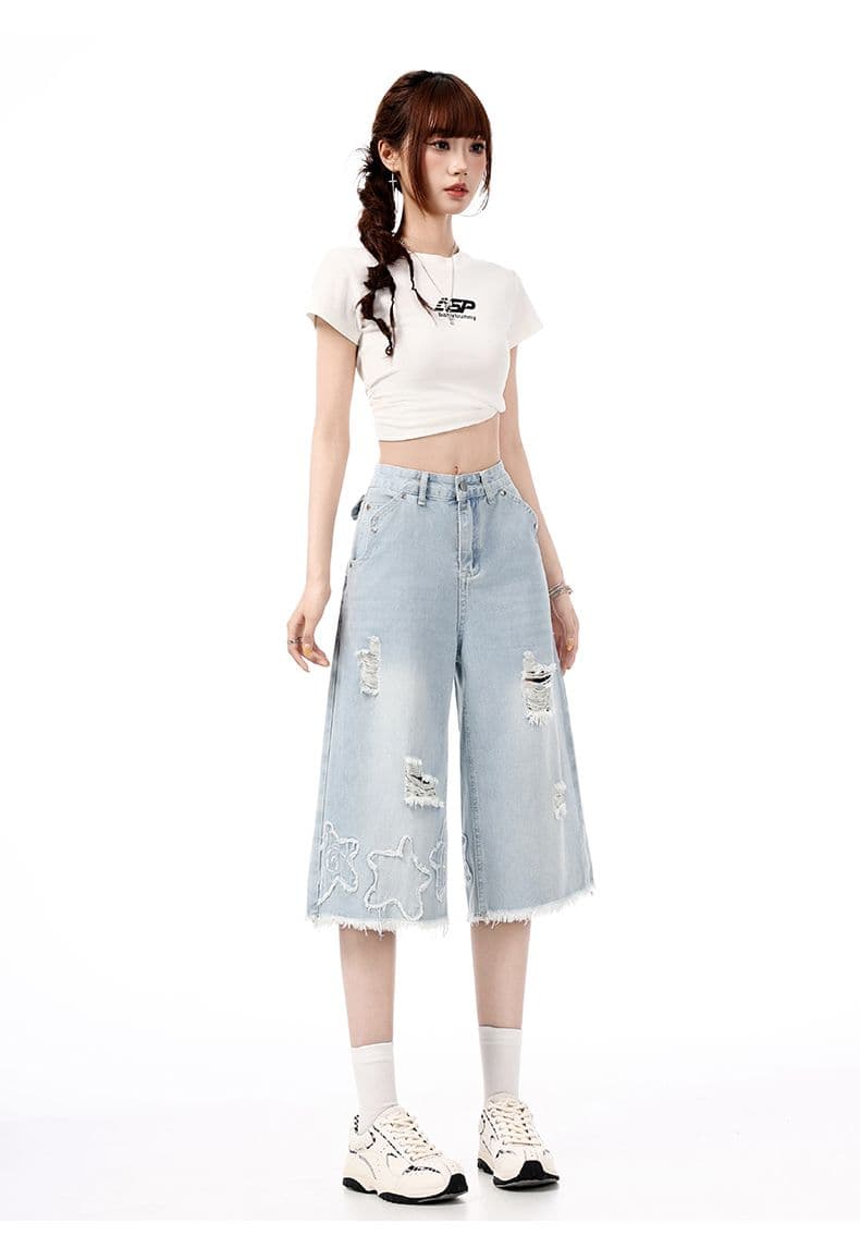 여름 새로운 레트로 노스탤지어 그라인딩 홀 거친 가장자리 트렌드 루즈핏 캐주얼 스트레이트 7 점 청바지 여성 상세 이미지 8
