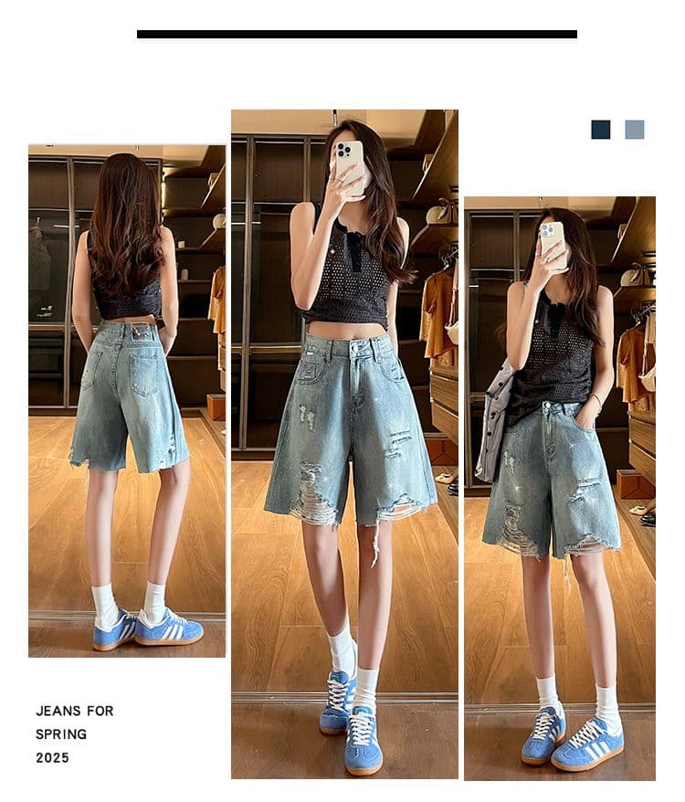 슈퍼 화재 찢어진 부분 핫픽스 5 점 데님 반바지 여성 2026 여름 루즈핏 한 마디 넓은 다리 플래시 훈련 넓은 다리 5 점 바지 상세 이미지 8