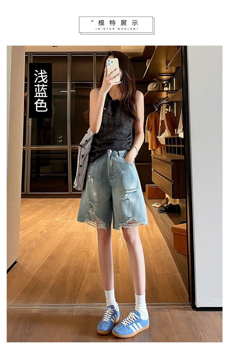 슈퍼 화재 찢어진 부분 핫픽스 5 점 데님 반바지 여성 2026 여름 루즈핏 한 마디 넓은 다리 플래시 훈련 넓은 다리 5 점 바지 상세 이미지 14