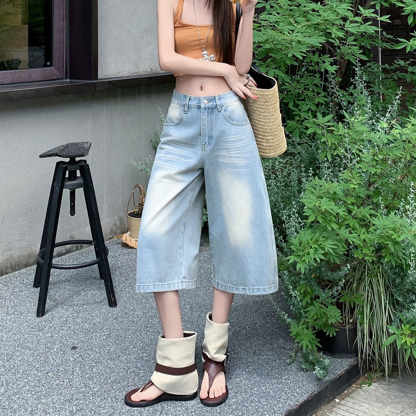 아메리칸 루즈핏 데님 7부 바지 여성 여름 개성 바지 루즈핏 넓은 다리 높음 거리 작은 키 스트레이트 바지 여성 이미지 2