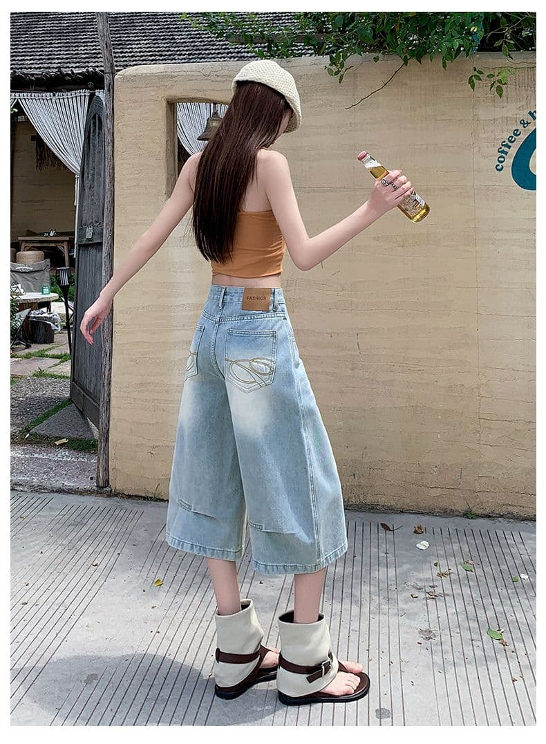 아메리칸 루즈핏 데님 7부 바지 여성 여름 개성 바지 루즈핏 넓은 다리 높음 거리 작은 키 스트레이트 바지 여성 상세 이미지 8