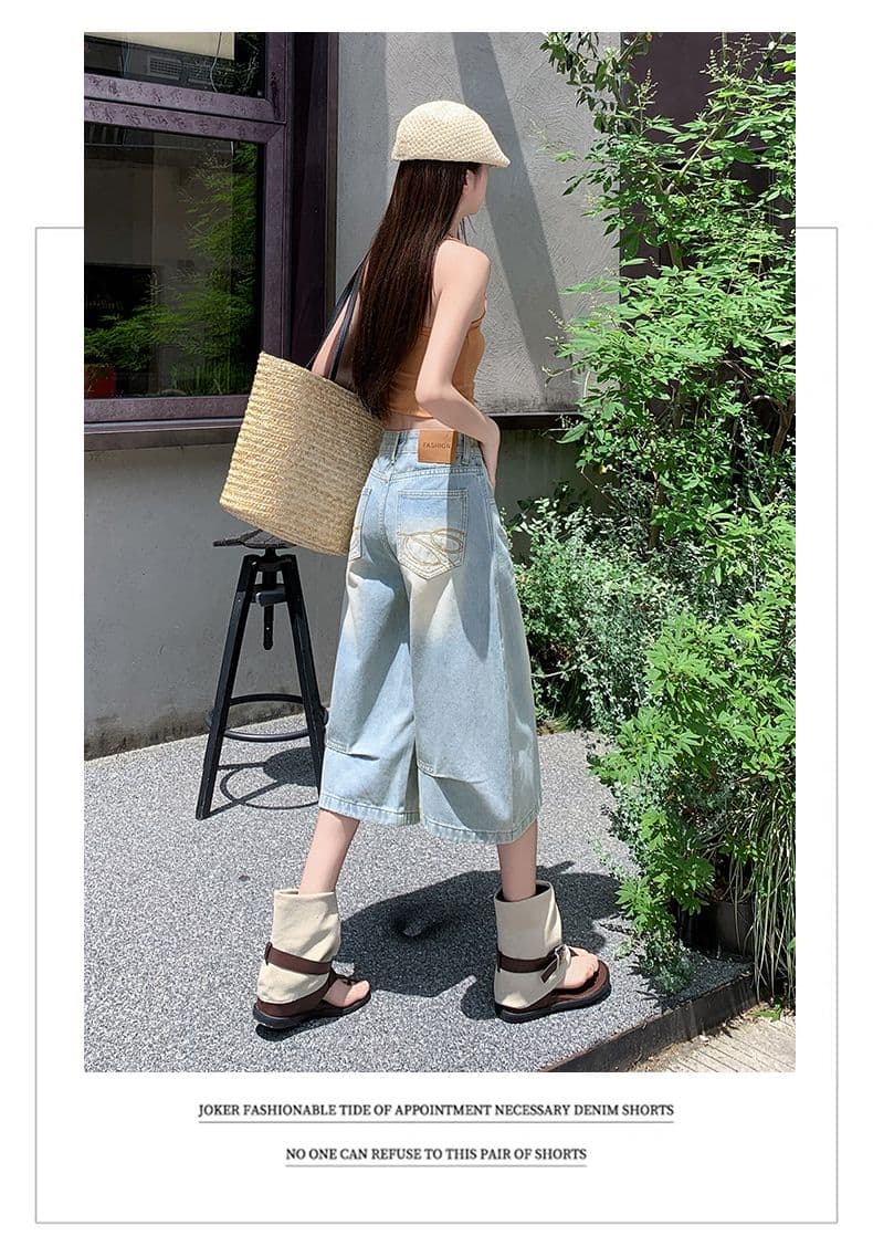 아메리칸 루즈핏 데님 7부 바지 여성 여름 개성 바지 루즈핏 넓은 다리 높음 거리 작은 키 스트레이트 바지 여성 상세 이미지 5