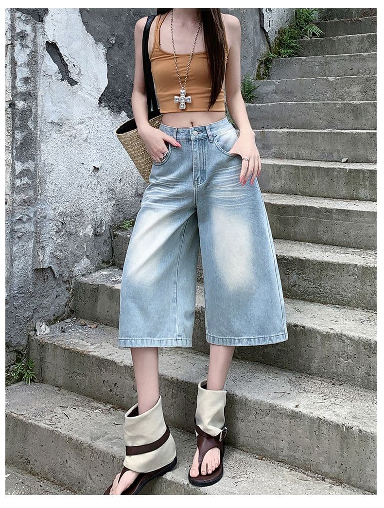 아메리칸 루즈핏 데님 7부 바지 여성 여름 개성 바지 루즈핏 넓은 다리 높음 거리 작은 키 스트레이트 바지 여성 상세 이미지 12