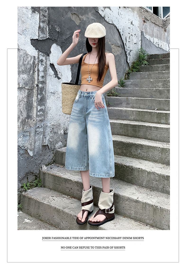 아메리칸 루즈핏 데님 7부 바지 여성 여름 개성 바지 루즈핏 넓은 다리 높음 거리 작은 키 스트레이트 바지 여성 상세 이미지 13