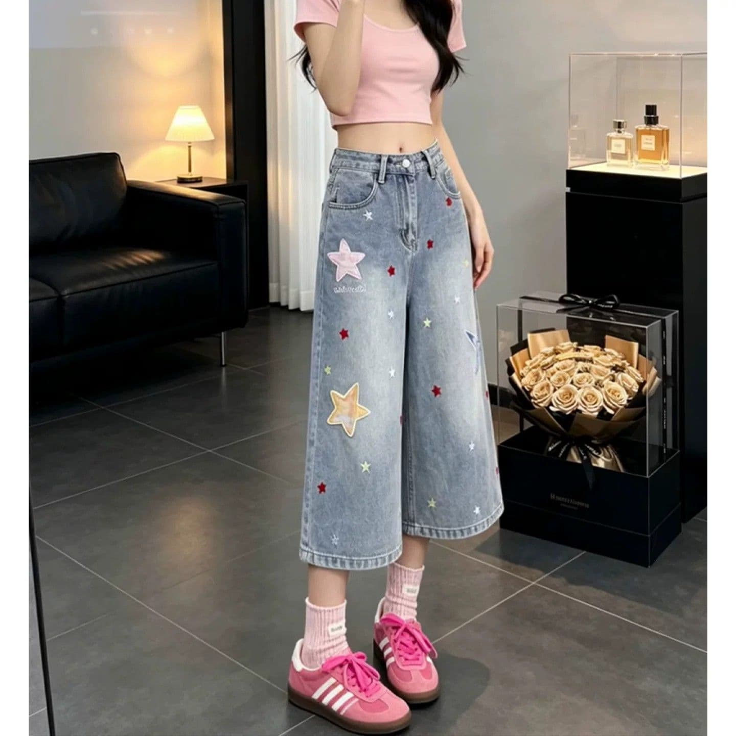 아메리칸 레트로 별 패치 데님 반바지 여성 여름 새로운 바지 루즈핏 슬림해 보이는 스트레이트 넓은 다리 7부 바지 상세 이미지 1