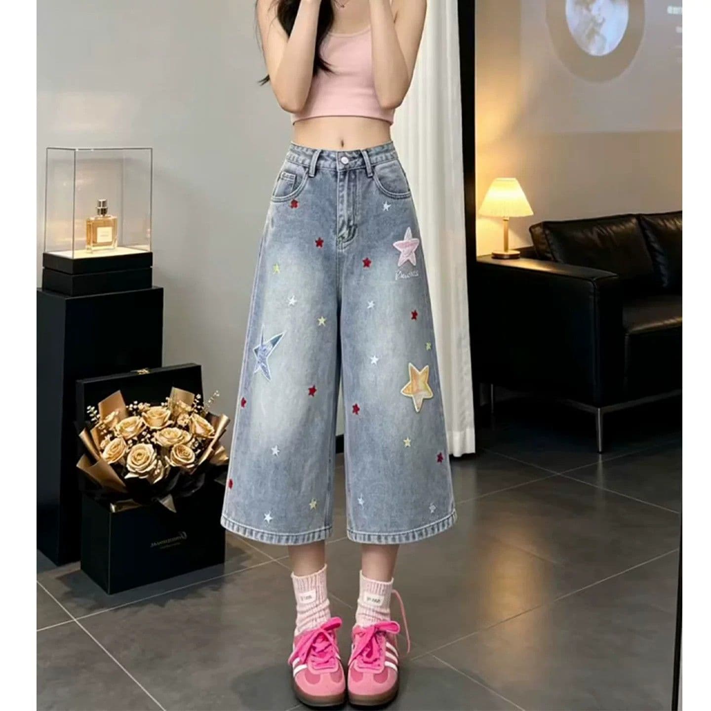 아메리칸 레트로 별 패치 데님 반바지 여성 여름 새로운 바지 루즈핏 슬림해 보이는 스트레이트 넓은 다리 7부 바지 상세 이미지 9