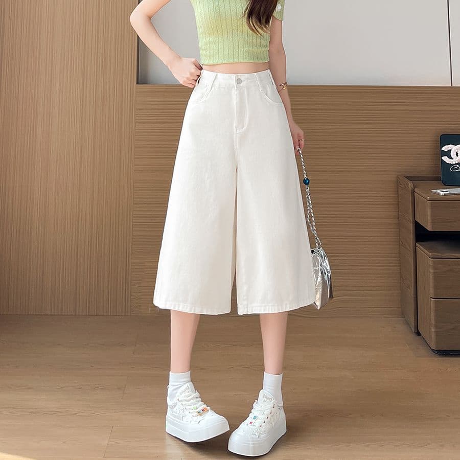 아메리칸 화이트 넓은 다리 7 점 청바지 여성 여름 얇은 스타일 작은 키 루즈핏 슬림해 보이는 스트레이트 캐주얼 중 반바지 이미지 3