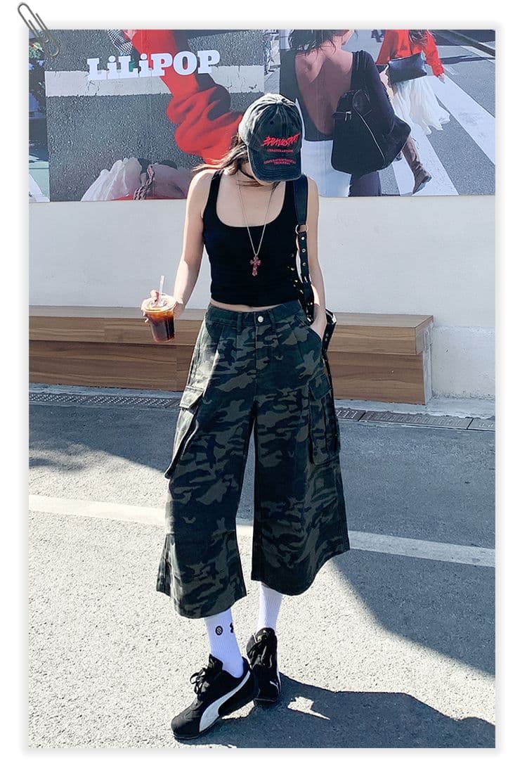 레트로 높음 거리 카모플라주 주름 워크웨어 데님 7부 바지 여성 2026 봄 여름 새로운 작은 대중 디자인 센스 캐주얼 바지 상세 이미지 1
