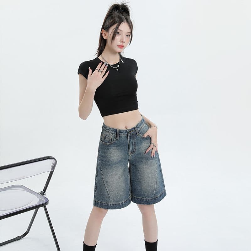 아메리칸 레트로 마 오래된 워싱 데님 반바지 여성 여름 2026 새로운 루즈핏 슬림해 보이는 하이웨이스트 없음 폭탄 바지 이미지 4