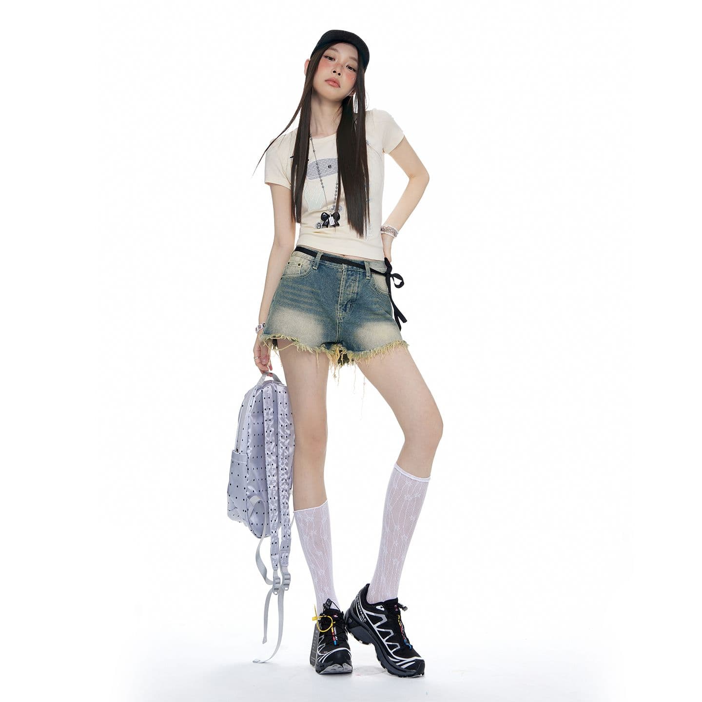 2026 여름 레이스업 홀치기 염색 술 반바지 하이웨이스트 레트로 핫걸 캐주얼 데님 반바지 이미지 4