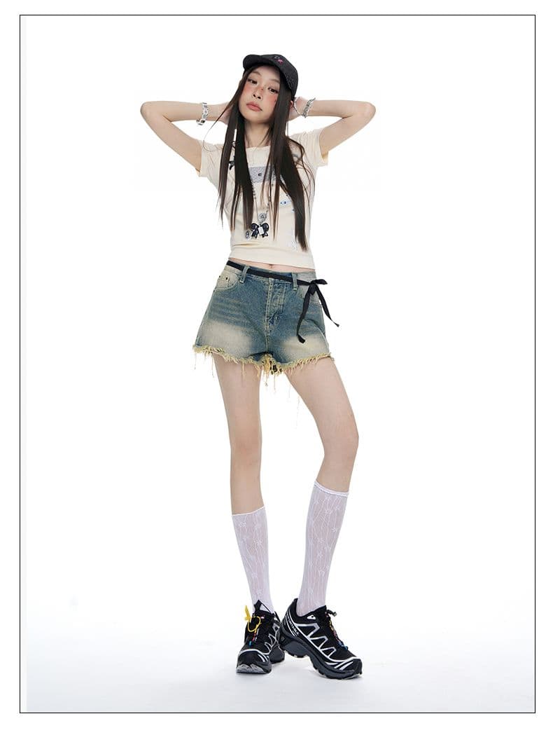 2026 여름 레이스업 홀치기 염색 술 반바지 하이웨이스트 레트로 핫걸 캐주얼 데님 반바지 상세 이미지 8