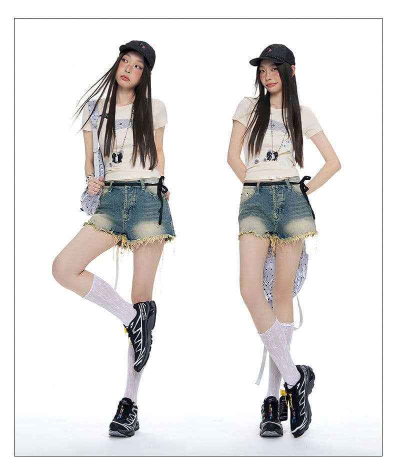 2026 여름 레이스업 홀치기 염색 술 반바지 하이웨이스트 레트로 핫걸 캐주얼 데님 반바지 상세 이미지 5