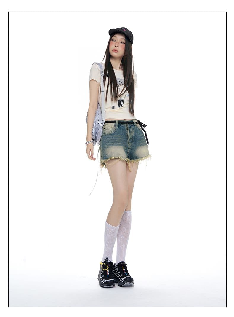 2026 여름 레이스업 홀치기 염색 술 반바지 하이웨이스트 레트로 핫걸 캐주얼 데님 반바지 상세 이미지 7