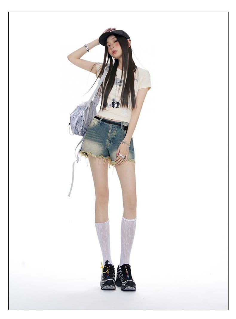 2026 여름 레이스업 홀치기 염색 술 반바지 하이웨이스트 레트로 핫걸 캐주얼 데님 반바지 상세 이미지 3