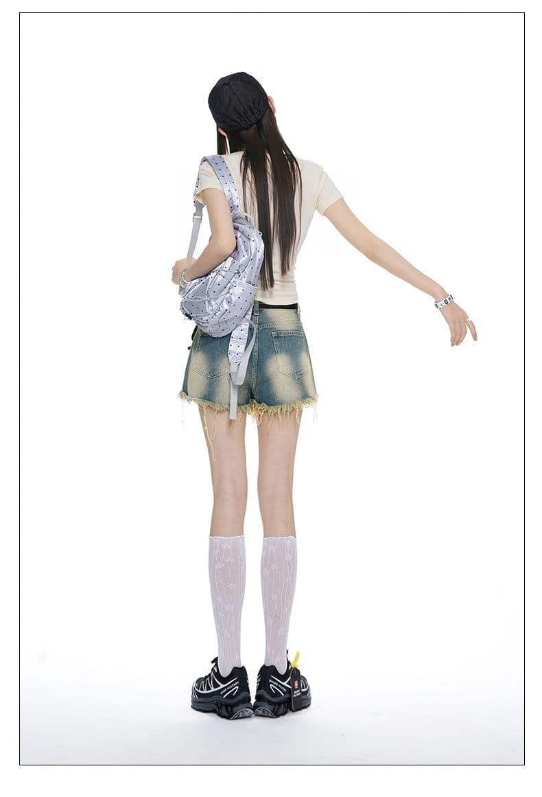 2026 여름 레이스업 홀치기 염색 술 반바지 하이웨이스트 레트로 핫걸 캐주얼 데님 반바지 상세 이미지 9