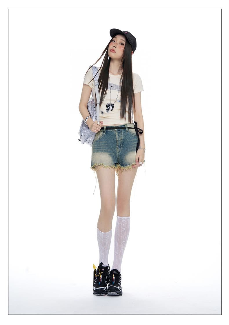 2026 여름 레이스업 홀치기 염색 술 반바지 하이웨이스트 레트로 핫걸 캐주얼 데님 반바지 상세 이미지 16