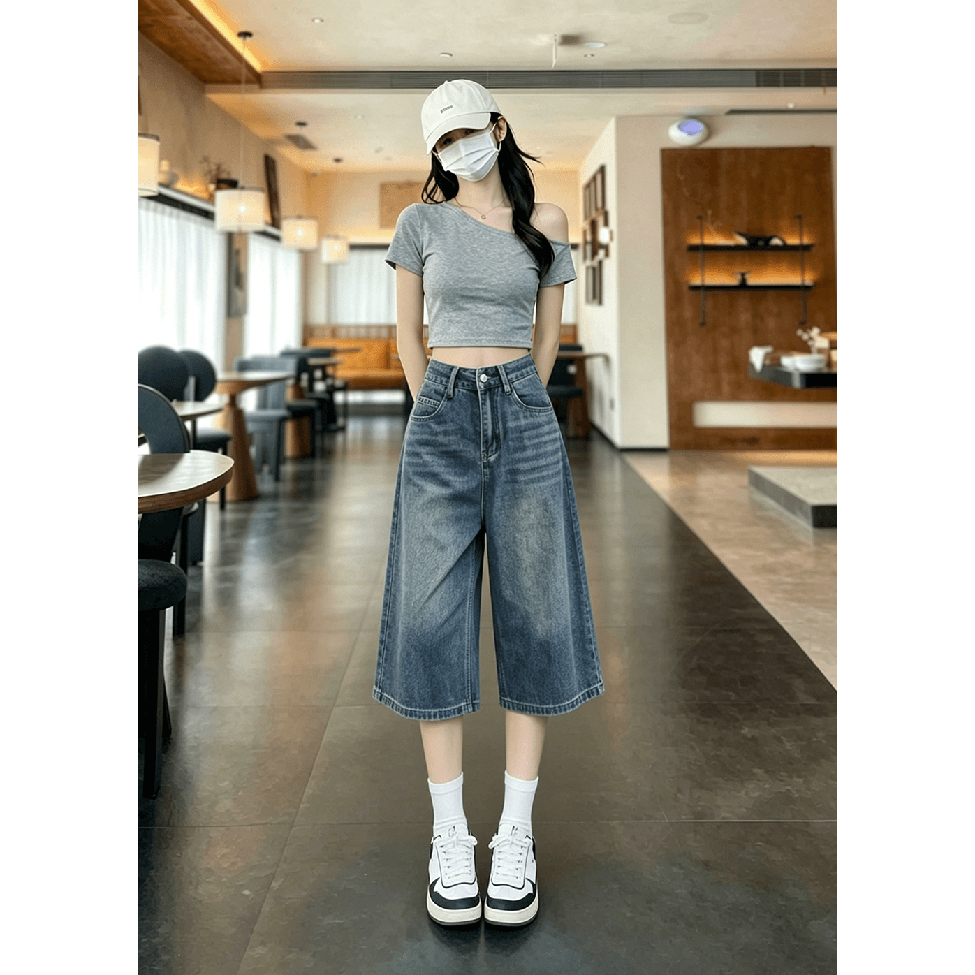 아메리칸 높음 거리 넓은 다리 청바지 여성 년 여름 새로운 7 분 바지 슬림해 보이는 스트레이트 청바지 반바지 이미지 2
