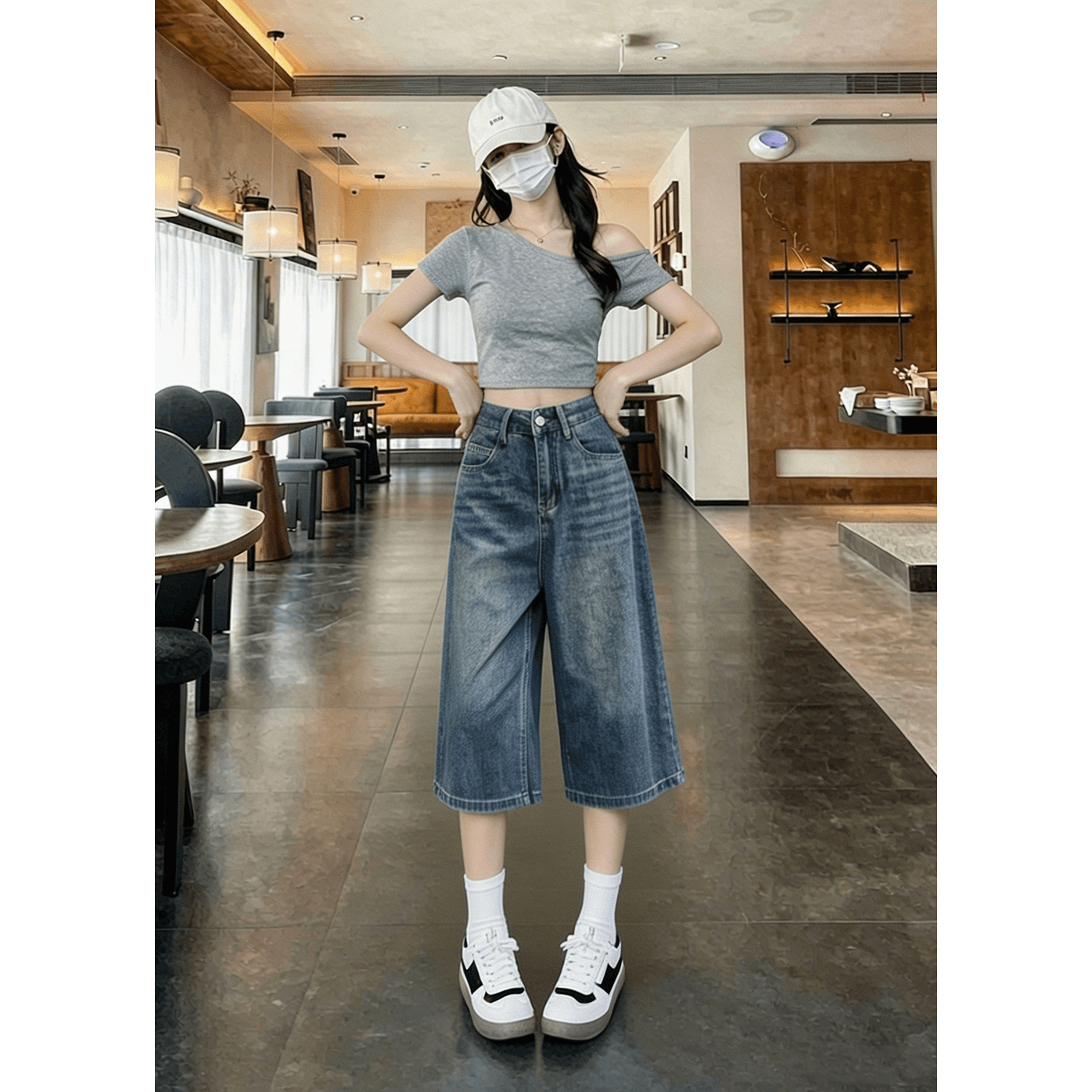 아메리칸 높음 거리 넓은 다리 청바지 여성 년 여름 새로운 7 분 바지 슬림해 보이는 스트레이트 청바지 반바지 이미지 4