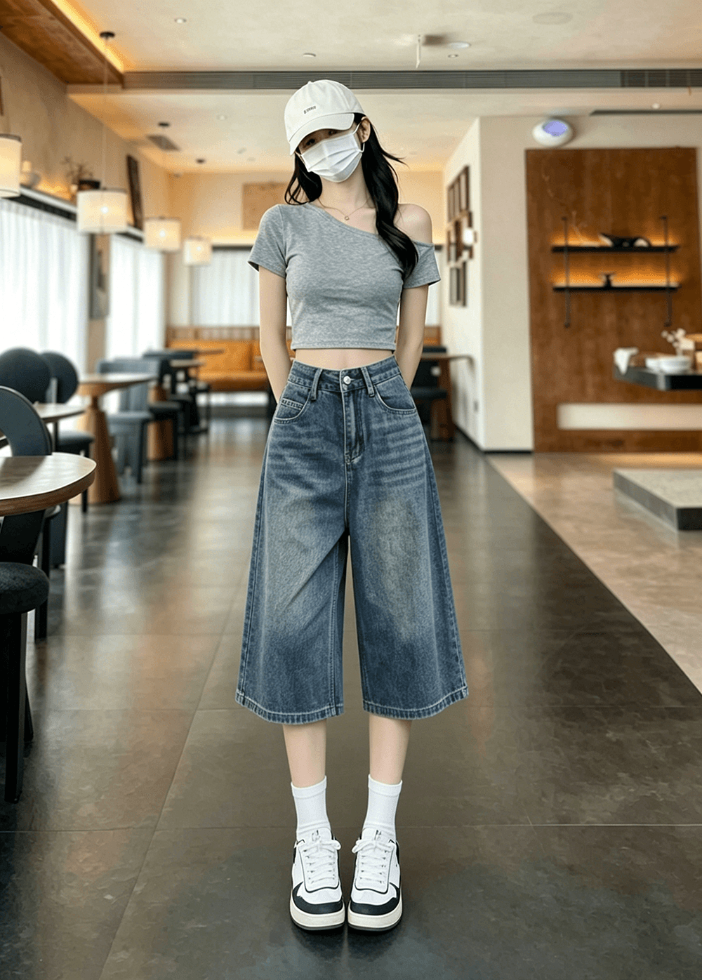 아메리칸 높음 거리 넓은 다리 청바지 여성 년 여름 새로운 7 분 바지 슬림해 보이는 스트레이트 청바지 반바지 상세 이미지 2