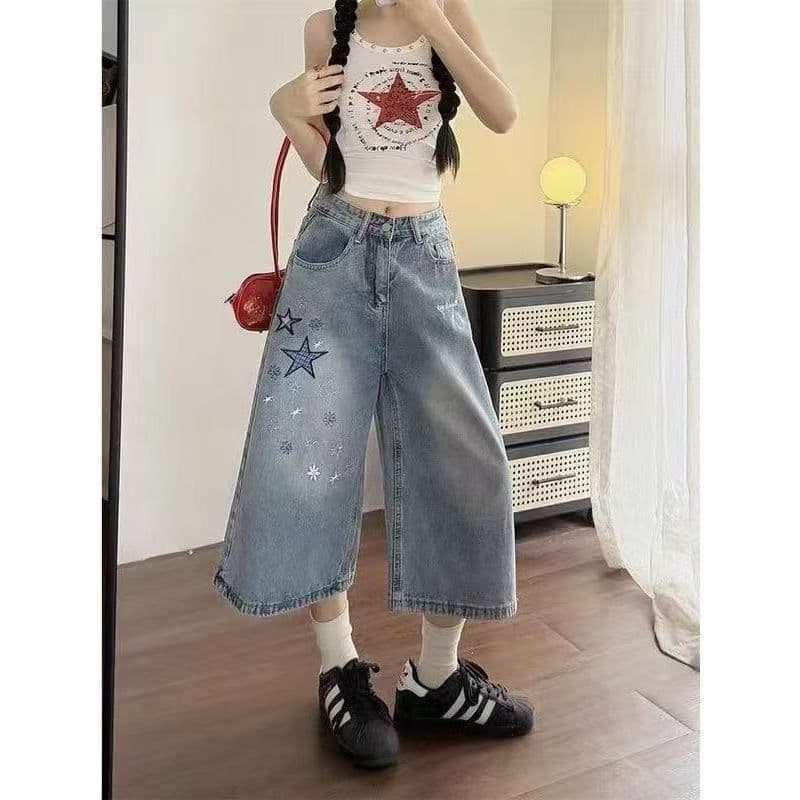 아메리칸 데님 청바지 여성 별 여름 자수 넓은 다리 루즈핏 새로운 스트레이트 슬림해 보이는 7 점 바지 반바지 상세 이미지 1