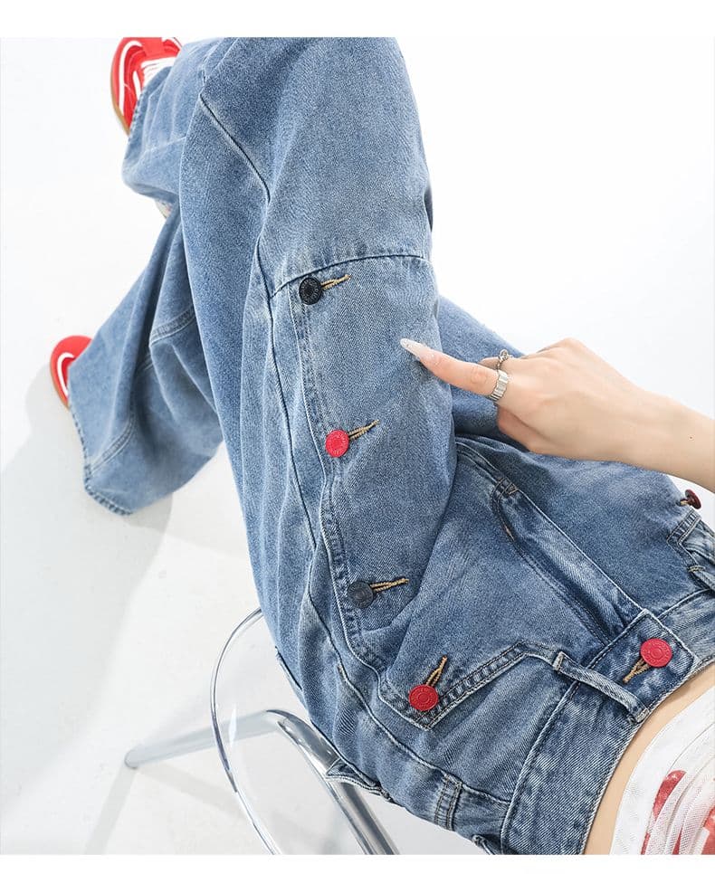 모통이 칼 청바지 여성 여름 2026 년 새로운 얇은 스타일 루즈핏 패치워크 와이드 레그 팬츠 하이웨이스트 스트레이트 바닥 청소 바지 상세 이미지 11