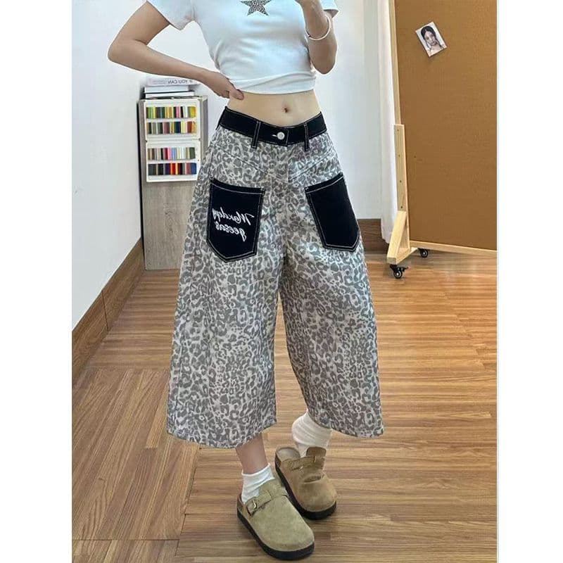 아메리칸 레트로 7 점 데님 반바지 여성 2026 여름 새로운 루즈핏 패션 주머니 패치 레오파드 무늬 청바지 이미지 2