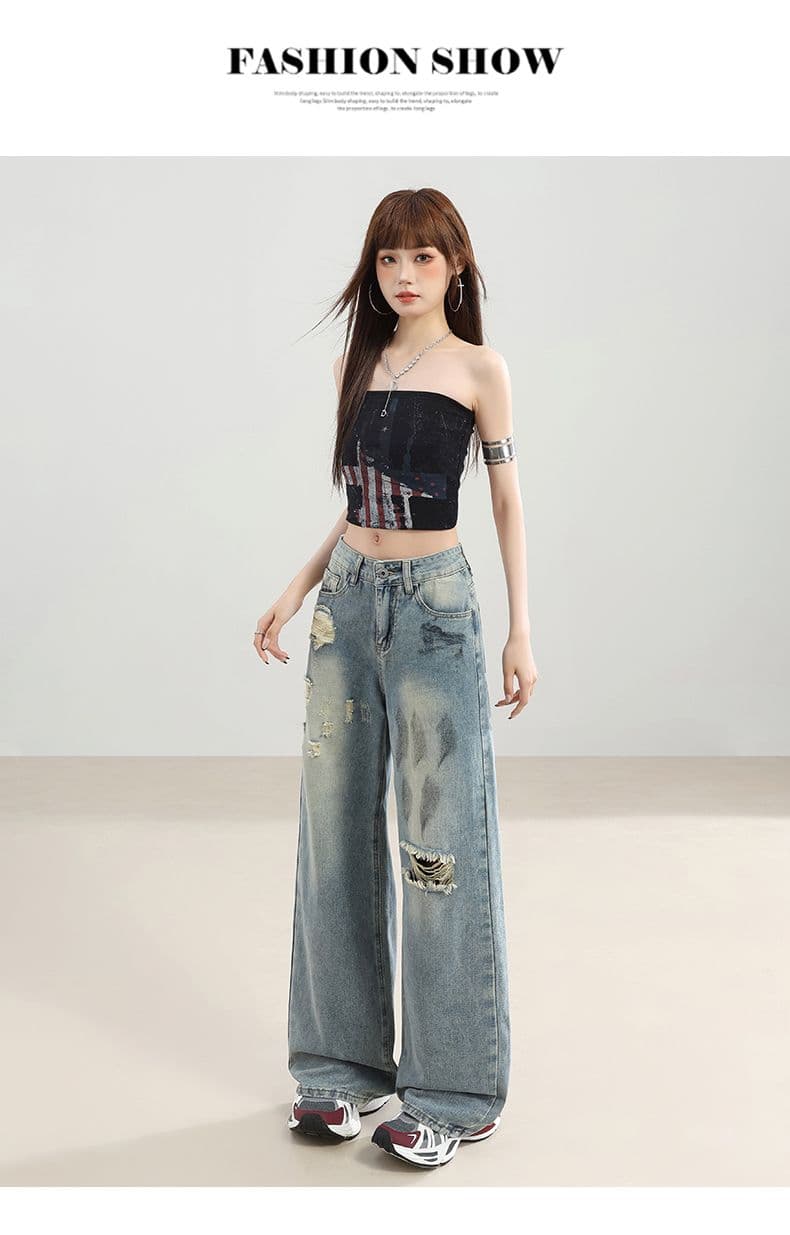 아메리칸 레트로 트렌드 새로운 배색 개성 패션 그라인딩 홀 나팔 청바지 여성 상세 이미지 8